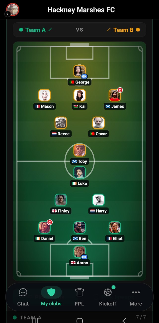 Team selection on a football pitch with player avatars